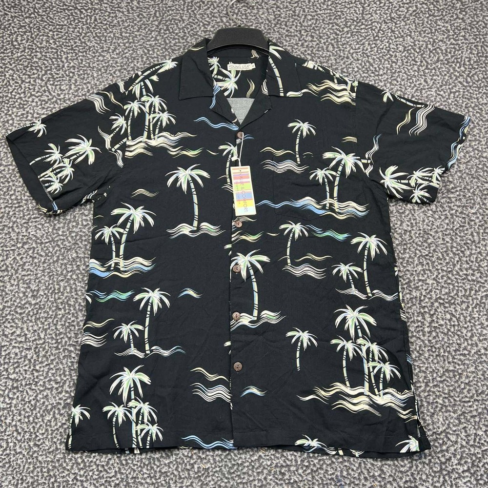 Young USA Button Up Shirt Men Medium Black Hawaiian Palm Tree Short Sleeve New